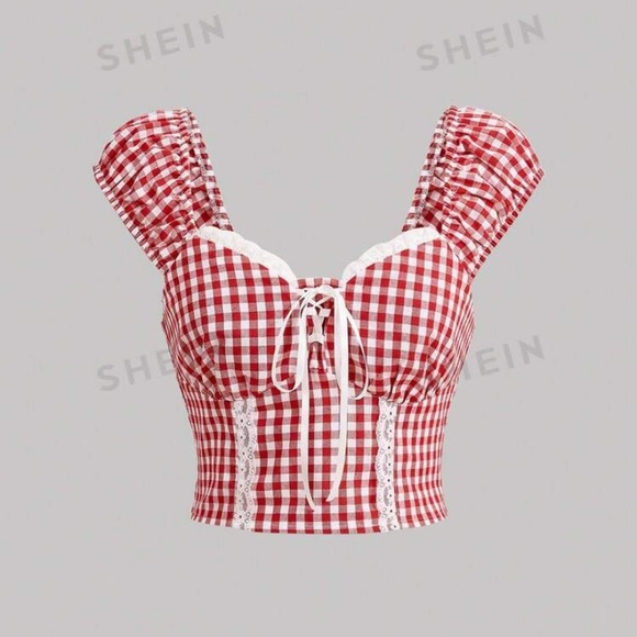Red Gingham Print Cropped Top - Picture 1 of 6